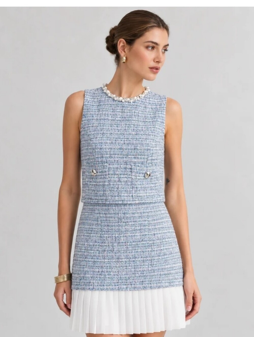 Commense SEALED! NWT! Pleated Hem Tweed Mini Dress in Light Blue. Sz Md. R2S!